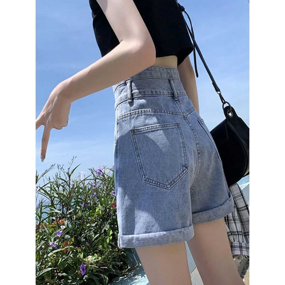 超高腰牛仔短裤女夏季2023年新款韩版宽松显瘦阔腿a字卷边热裤子