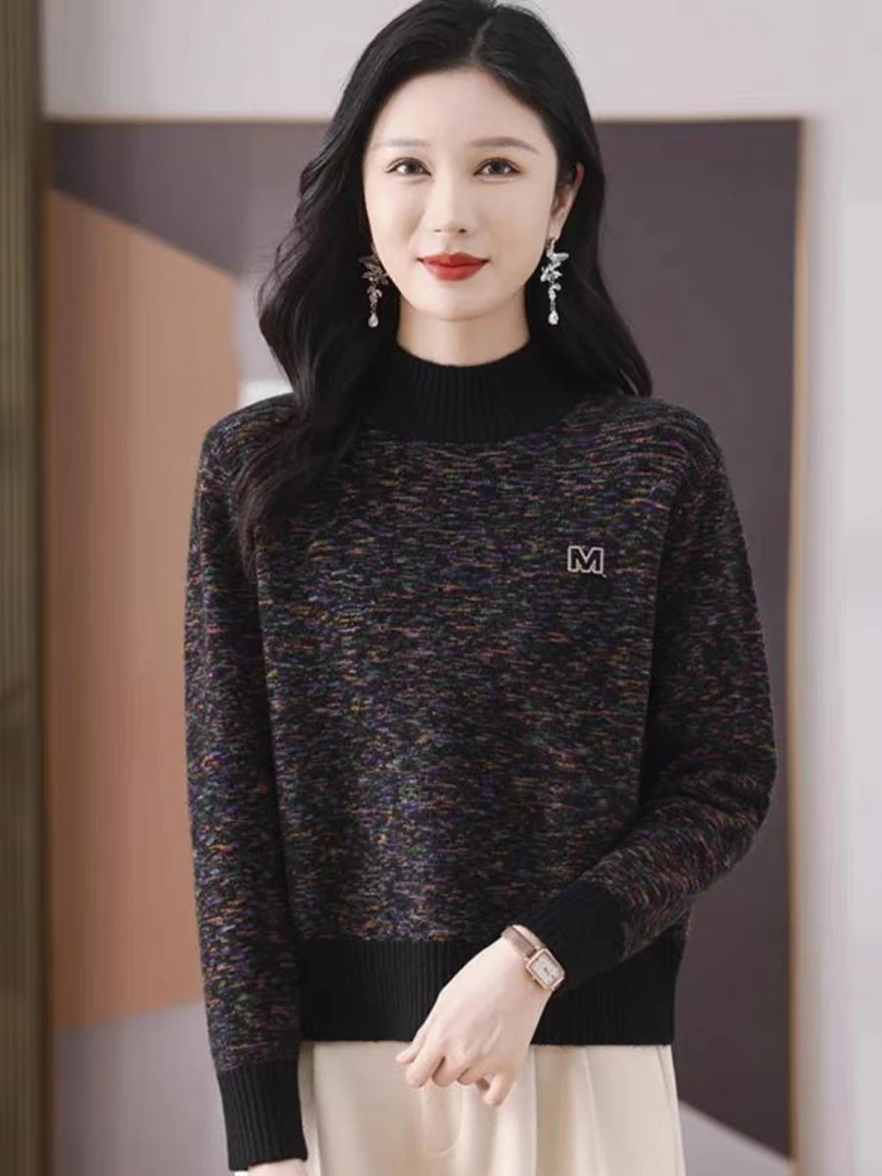 欧洲站秋冬季新款花线半高领针织衫女