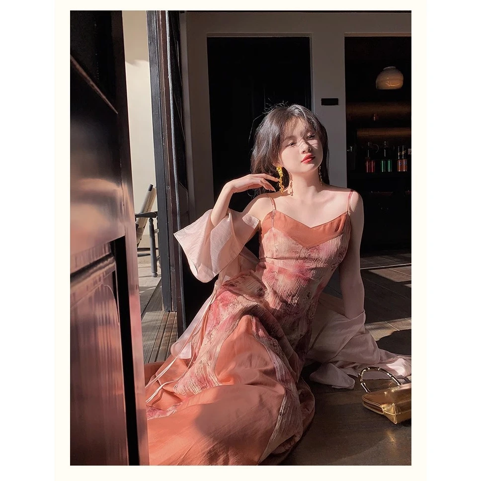 【82407】新中式国风水墨吊带连衣裙+盘扣开衫套装