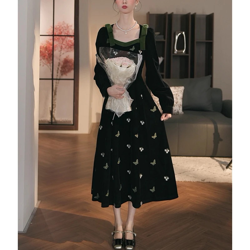 Meika-【庄周梦蝶】新款刺绣拼接收腰显瘦丝绒连衣裙-3N643Q