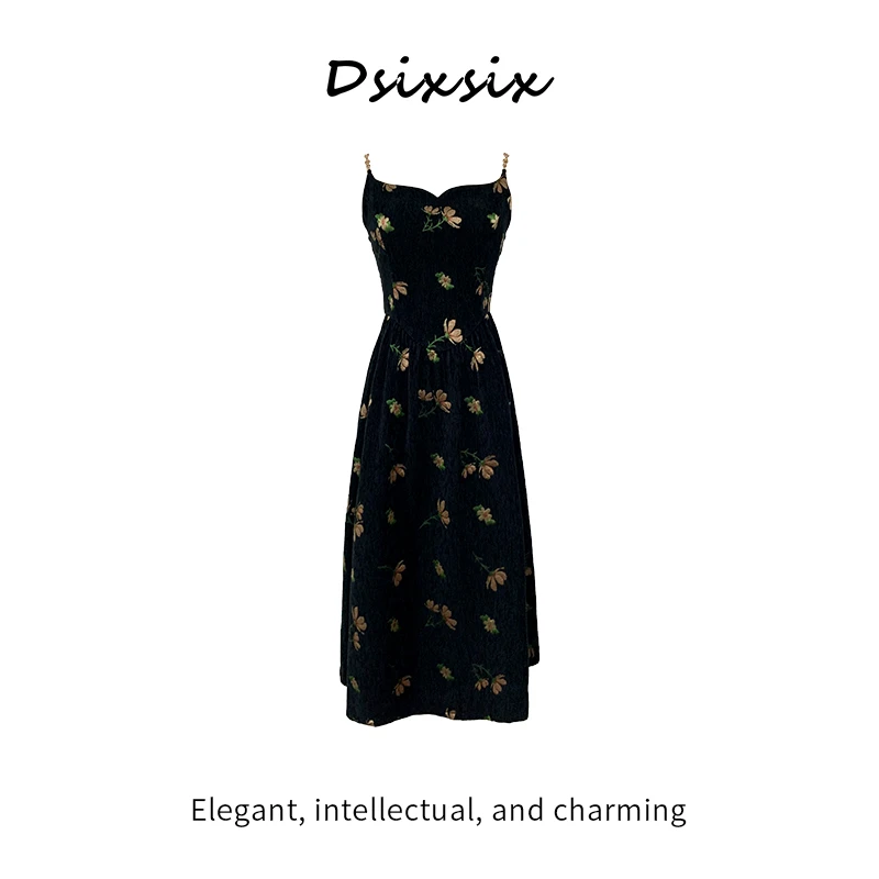 WEI BAO ER【烟雨江南】夏季新款法式复古气质收腰显瘦吊带连衣裙