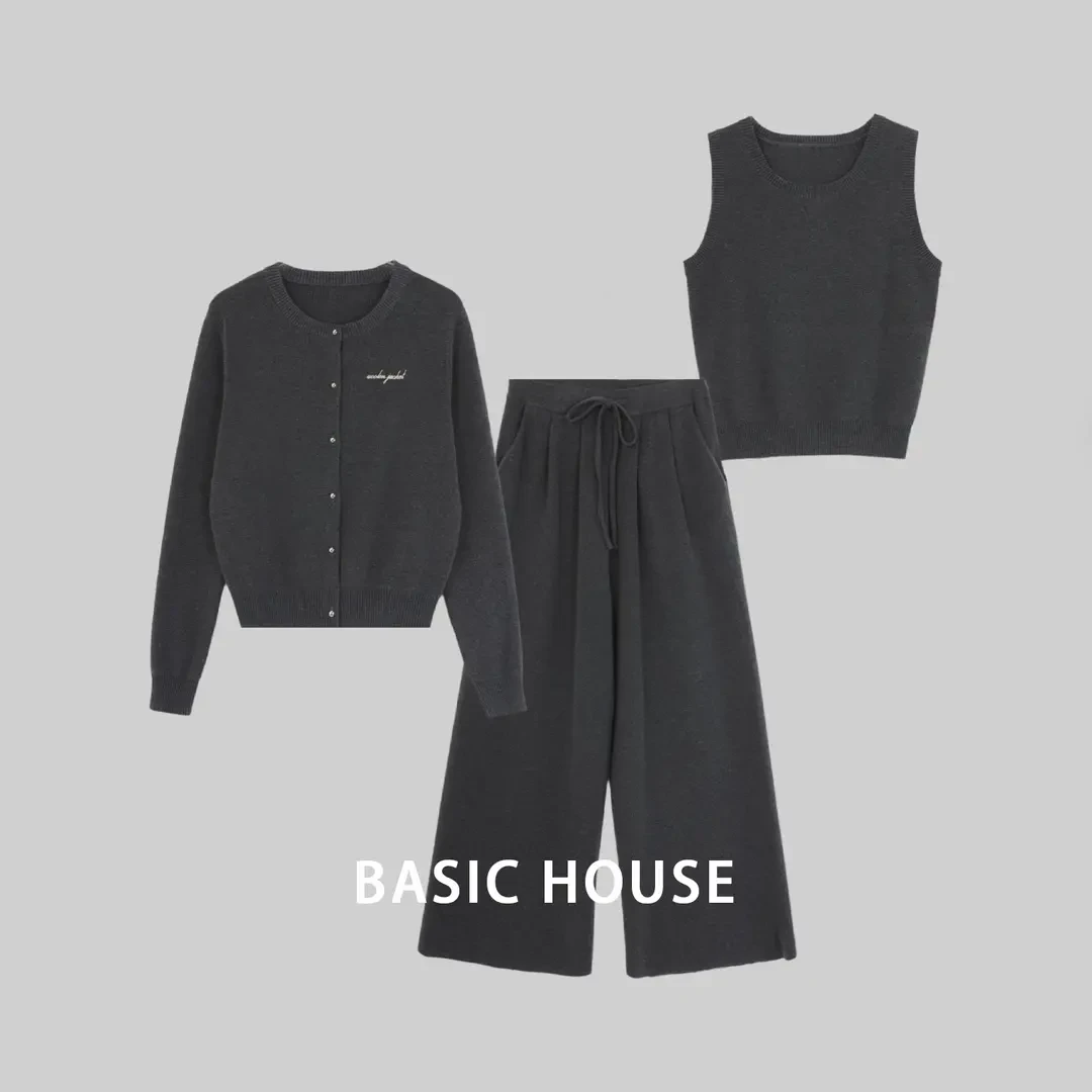 Basic House/百家好JH秋冬极简风休闲百搭气质显瘦针织长裤三件套