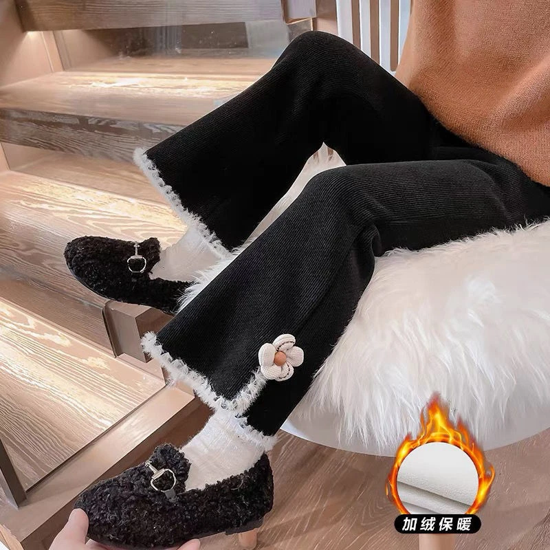 女童加绒裤子2023新款秋冬季洋气儿童装宝宝冬季网红一体绒喇叭裤