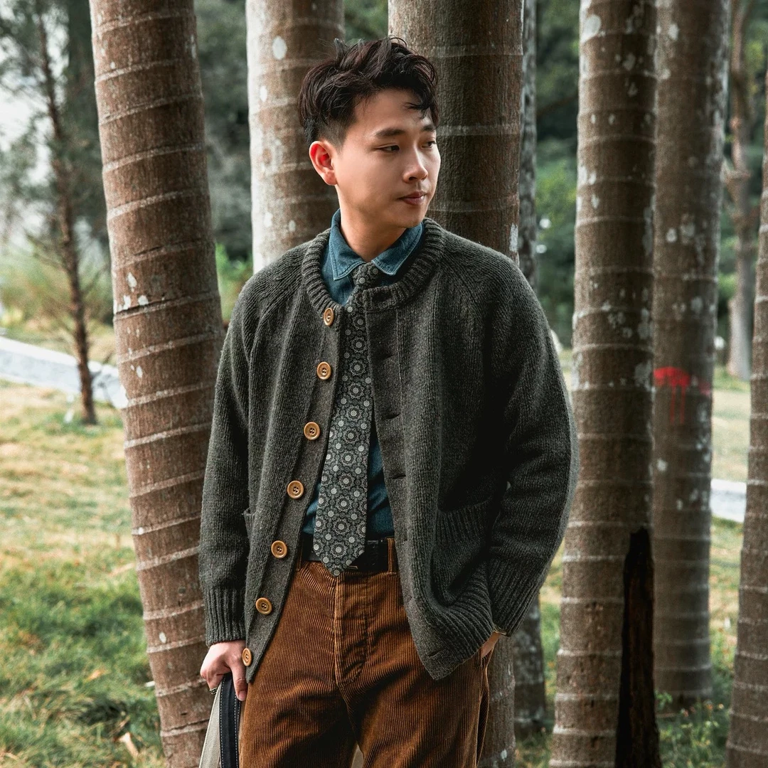 红风 开衫毛衣男圆领宽松文艺针织衫重磅羊毛混纺欧美复古羊绒衫