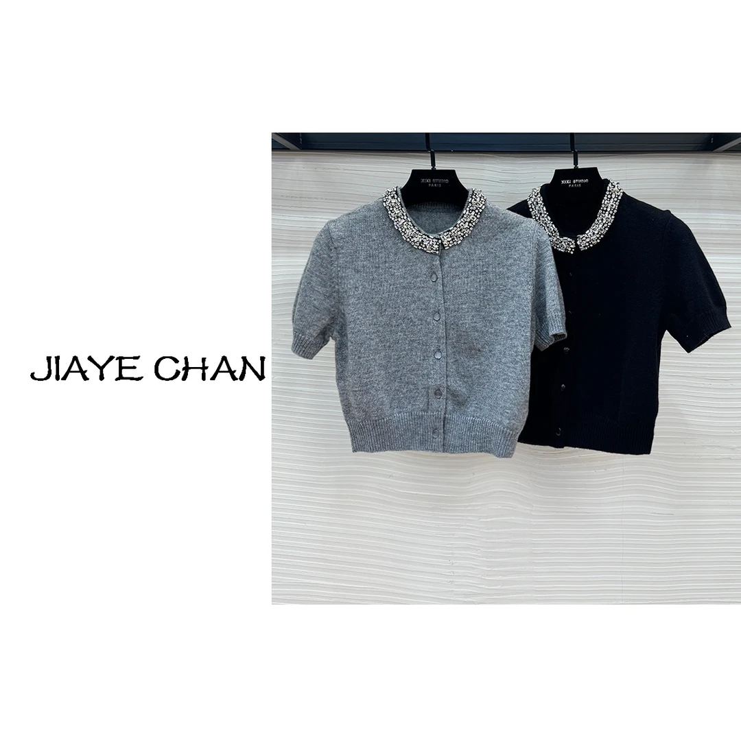 【西西高定】 早秋新款领口满钻短袖针织上衣