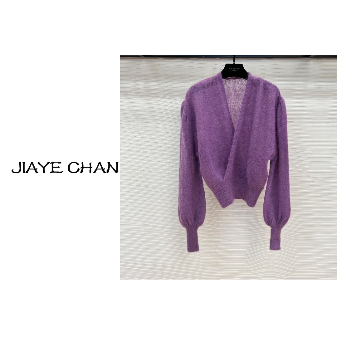 【西西高定】新款优雅气质紫色V领针织长袖上衣