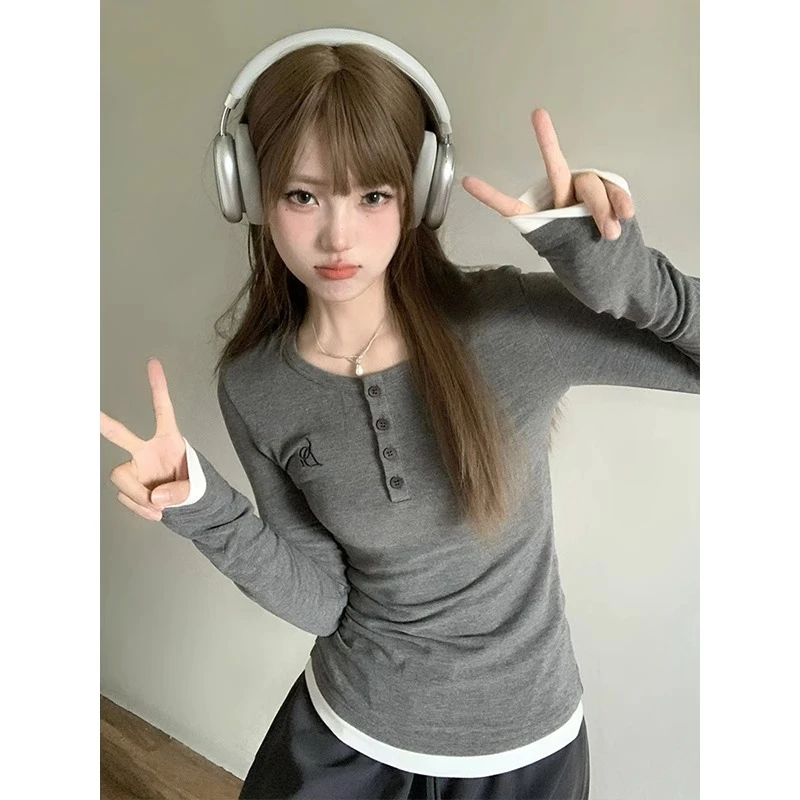 学院风假两件长袖T恤女2023早秋新款爆款外穿内搭打底衫修身上衣