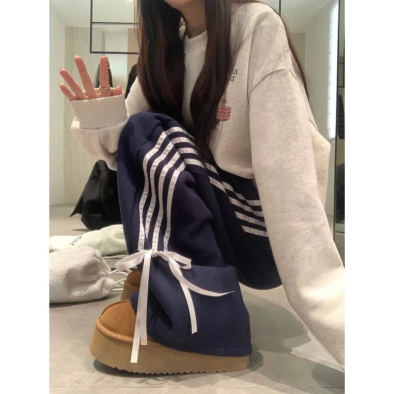 蝴蝶结黑色运动裤女春秋冬2023新款小个子设计感小众直筒阔腿长裤