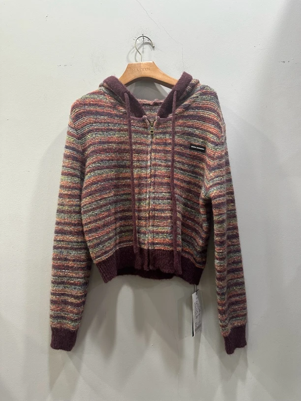 麦寻女装MYKZQ002新款文艺范彩色条纹针织连帽开衫慵懒风毛衣外套