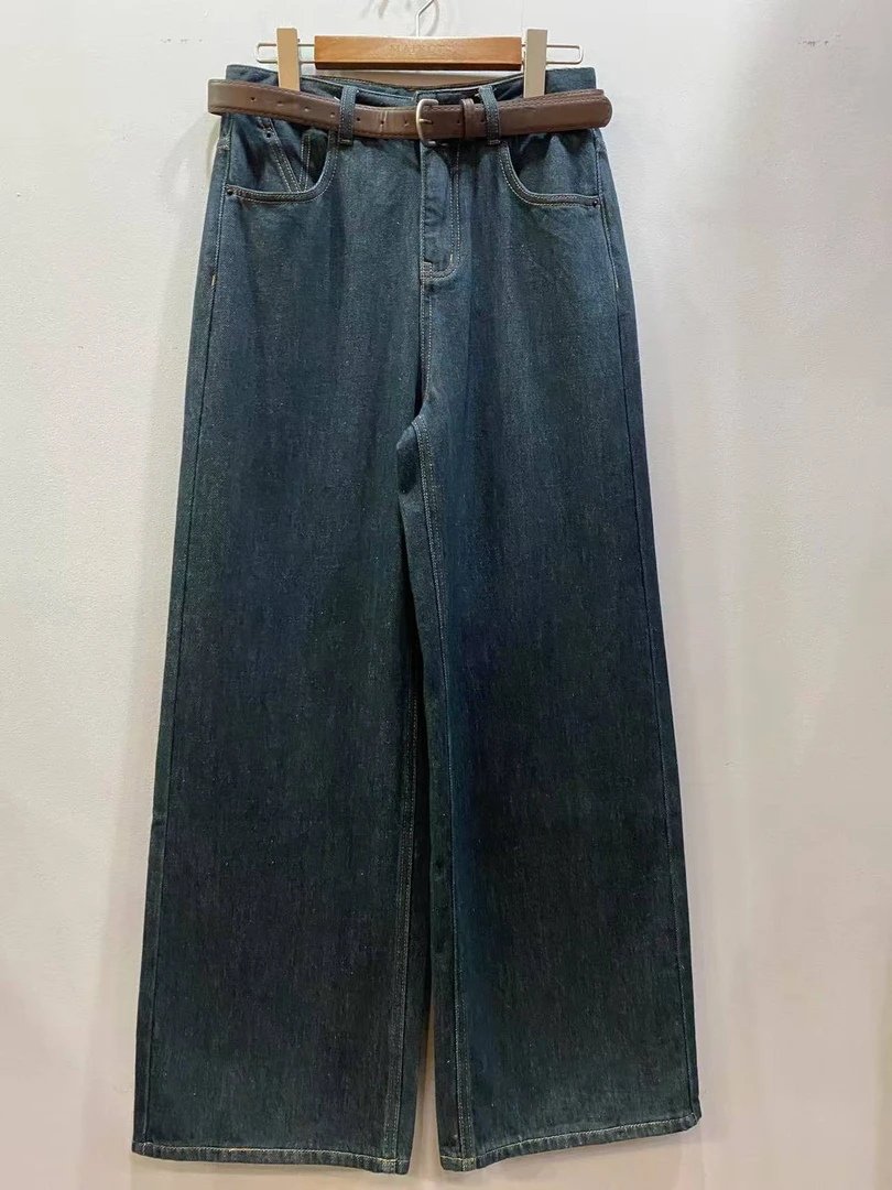 麦寻女装KCNYQ007冬新款深蓝加绒窄版阔腿裤直筒裤女显瘦百搭女