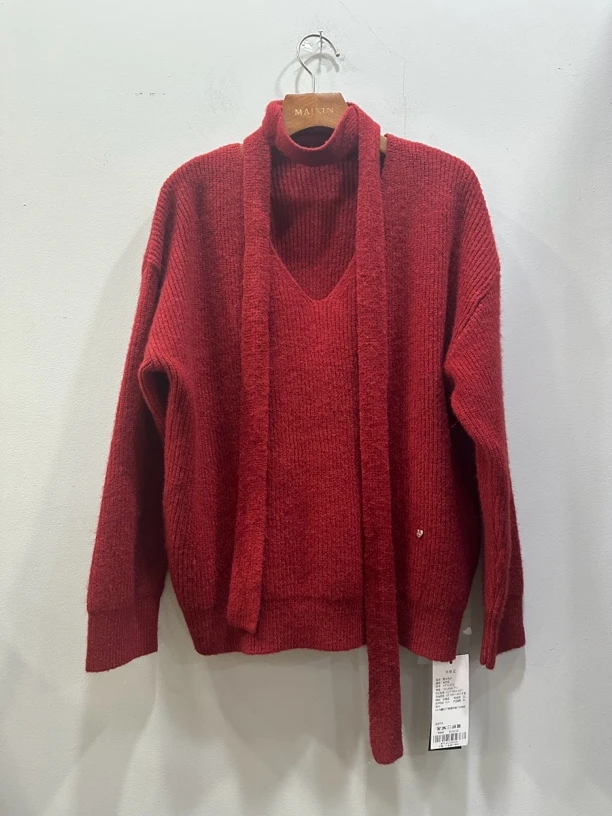 麦寻24新冬款MYTLQ012 V领飘带纯色宽松针织毛衣女