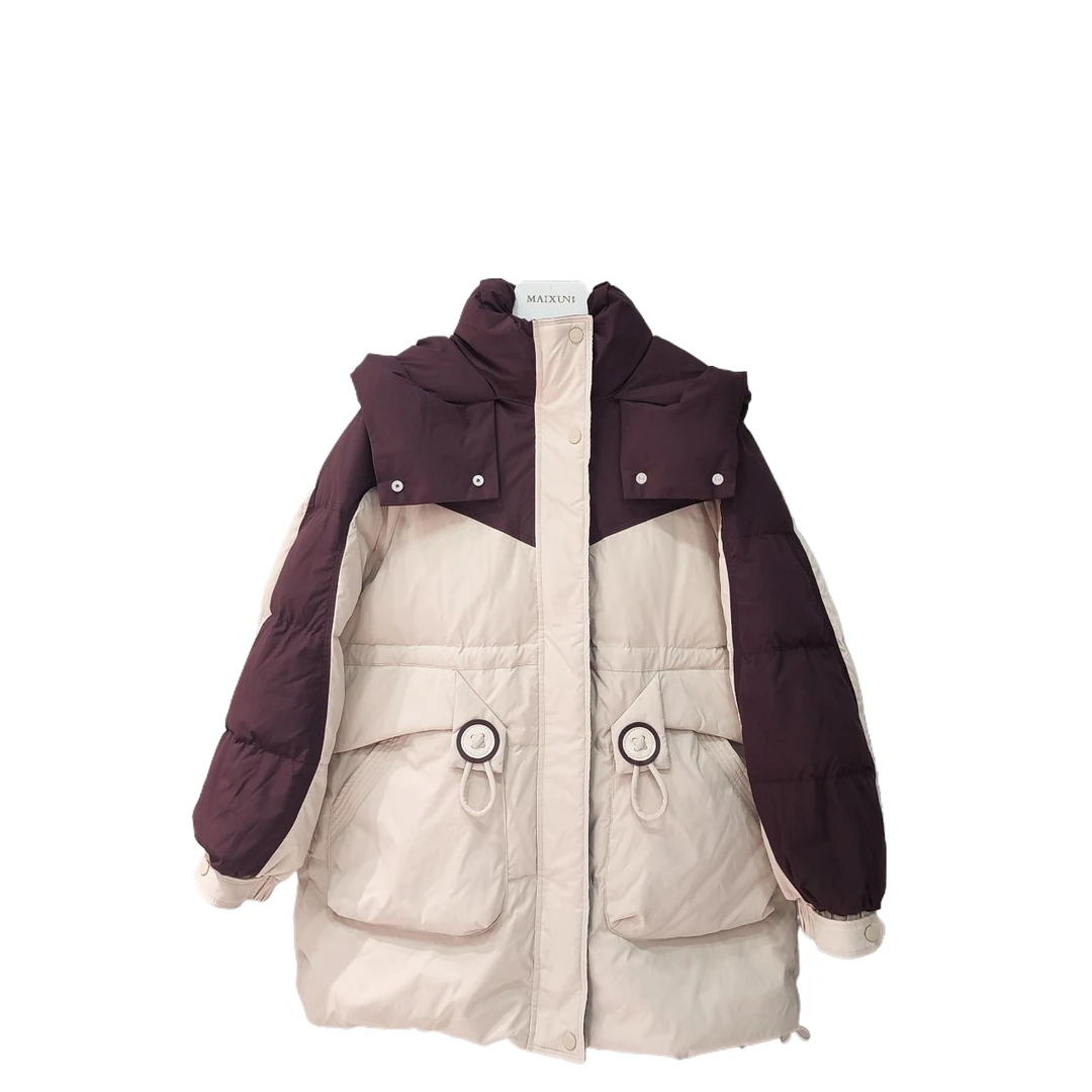 麦寻冬季新款YRMZQ003杏色中长连帽羽绒服90白鸭绒加厚保暖时尚女