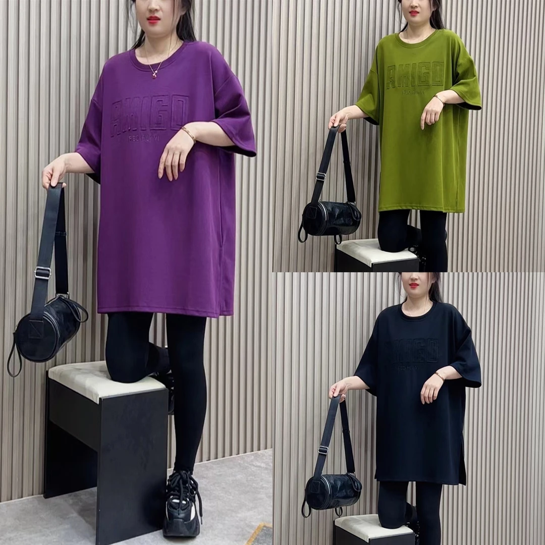 夏季新款贴布绣字母短袖洋气时尚简约百搭开叉中长款圆领T恤