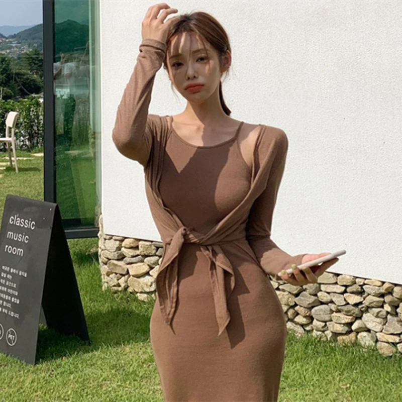真显身材韩国东大门优雅气质两件套装吊带长裙垫肩绑带长袖开衫春