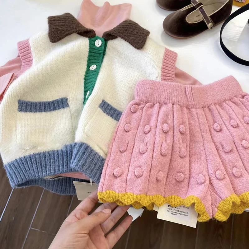 A093韩国童装女童秋装洋气粉色短裤针织休闲裤