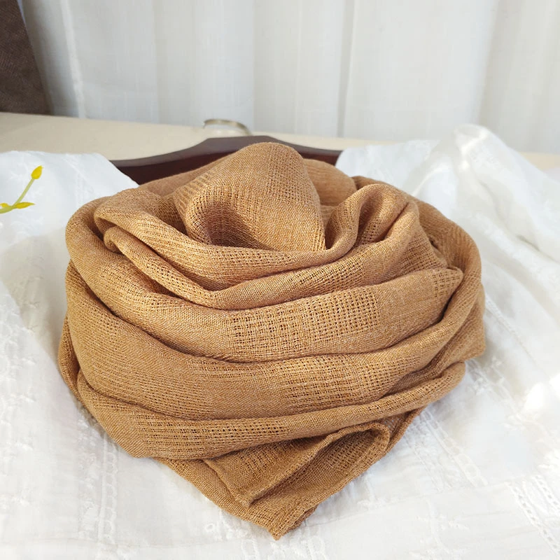 短款长条薄款围巾女春秋细窄简约纯色棉麻护颈椎围脖装饰丝巾驼色