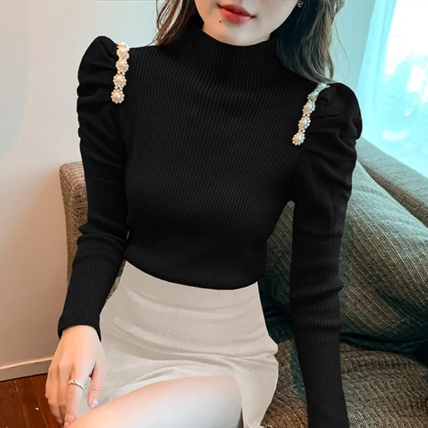 针织打底衫女春秋新款半高领钉珠泡泡袖毛衣洋气修身百搭上衣