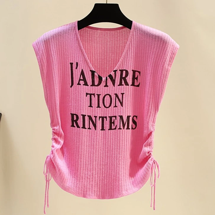 无袖字母印花T恤女设计感抽绳褶皱甜辣上衣修身百搭V领冰丝针织衫