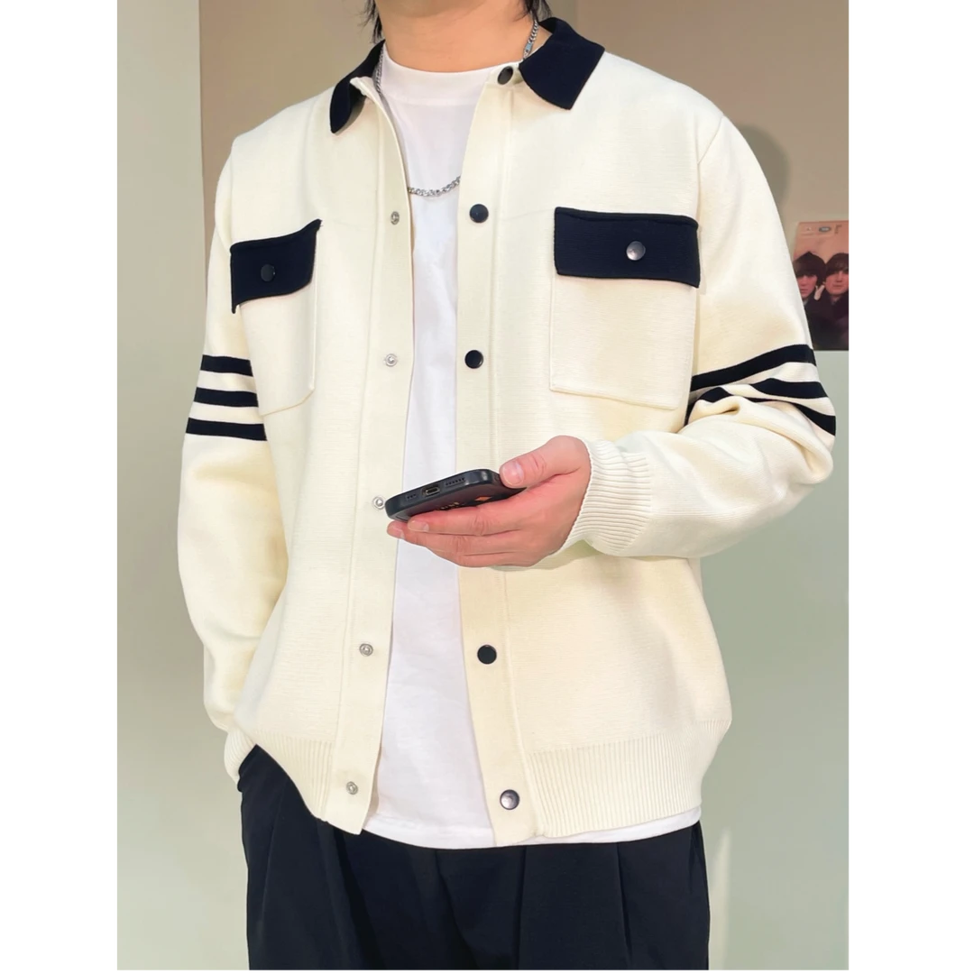 DCDY男士秋冬韩版翻领时尚休闲条纹毛衣外套潮流修身百搭简约夹克