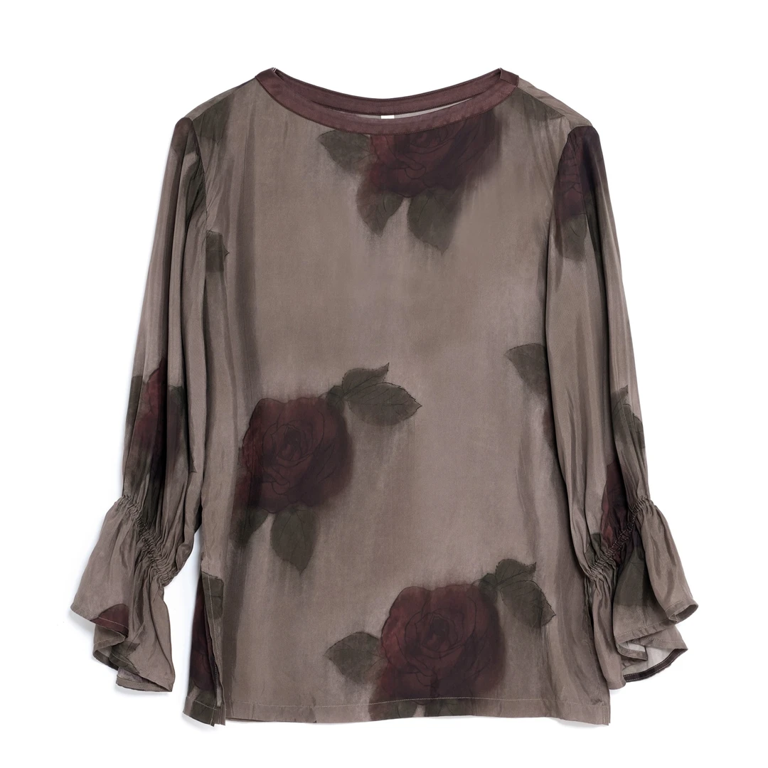 SB3230691212【茹初】素白铜氨印花女士上衣气质春夏透气长袖套头