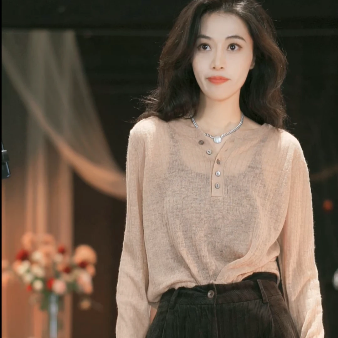 801965素白马乖圆领宽松镂空气质长袖百搭针织衫秋冬薄款显瘦