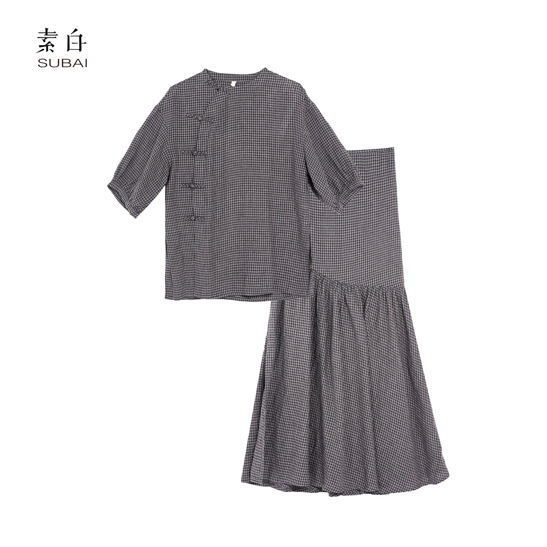 SB3240492940【素白】马乖素白灰格衬衫裹裙套装