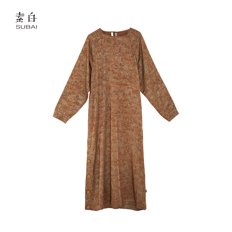 SB3240693345【素白】马乖早秋穿搭圆领提花长裙