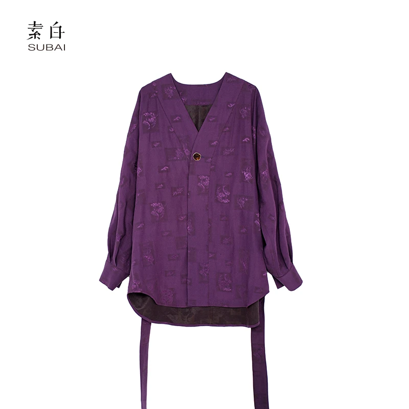 SB2408CS00191【素白】马乖设计感新中式香云纱紫色衬衫