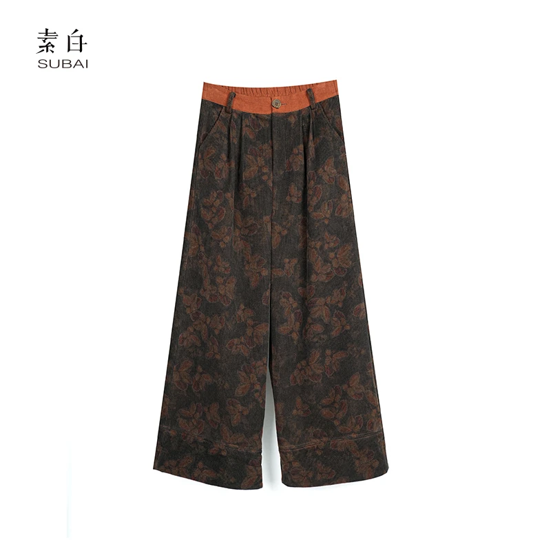 素白【花间伴】灯芯绒复古印花阔腿裤SB2410K00647