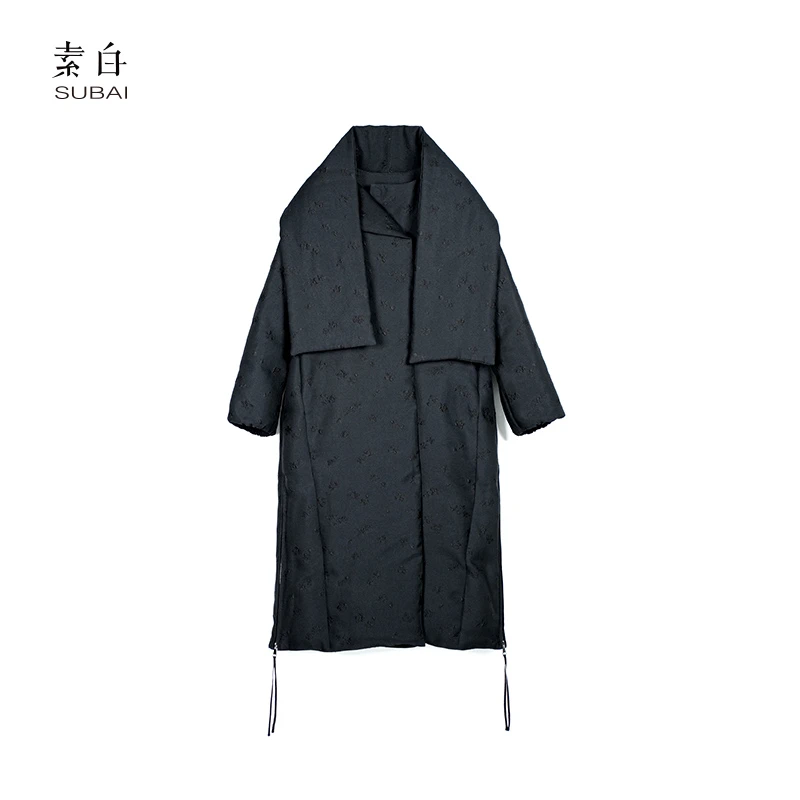 素白【雅致】冬季黑色时尚百搭长款加厚保暖提花鹅绒羽绒服802626