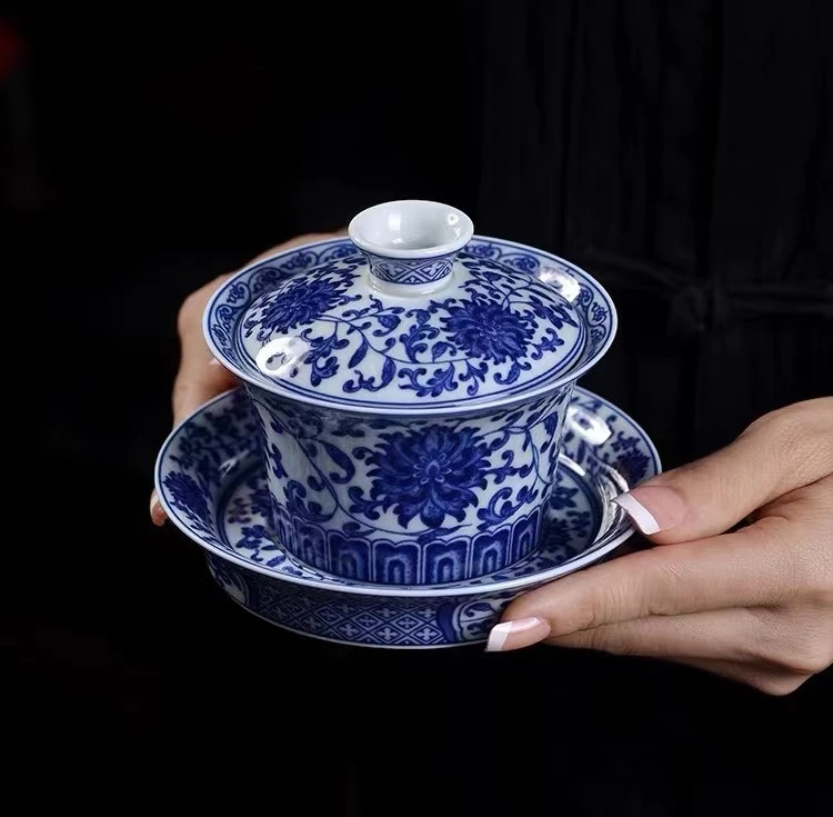 仿古青花缠枝莲马蹄三才盖碗功夫茶具主人杯复古敬茶碗泡茶器陶瓷