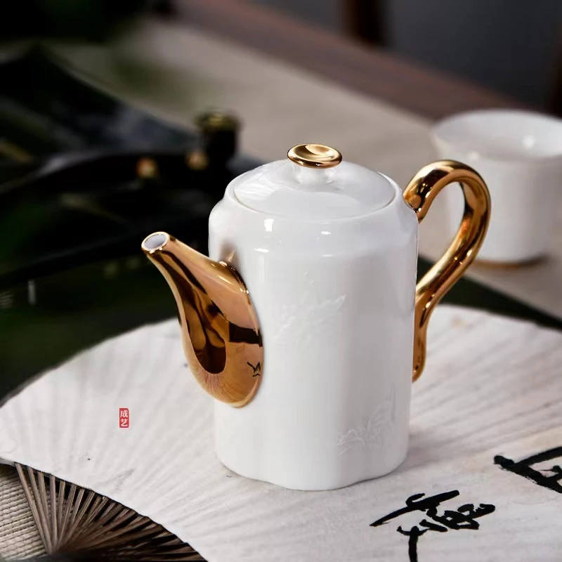 成艺 隐雕六方壶 功夫茶具陶瓷家用泡茶壶简约描金中式壶耐热