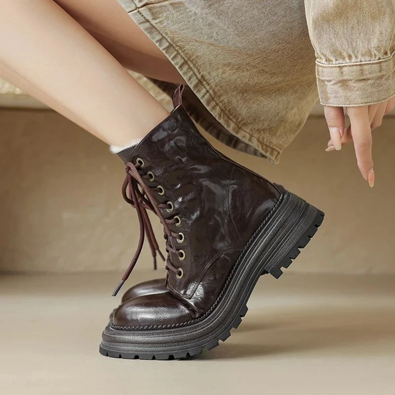 毛毛鞋女厚底英伦马丁靴洋气美拉德真皮短靴加厚雪地靴百搭女棉鞋