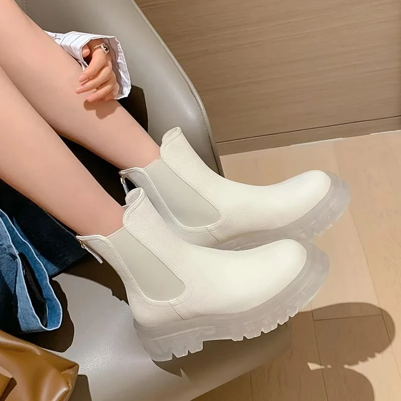 西靴子女真皮春秋透明厚底烟筒靴瘦瘦腿短靴大码414243~复古港风