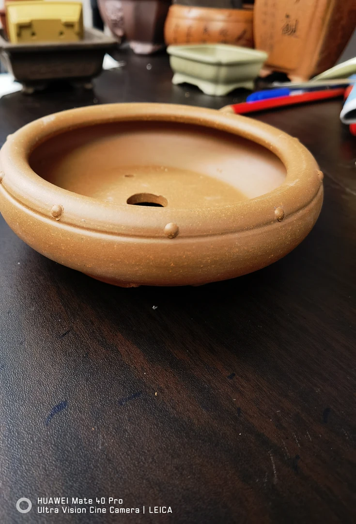 M26降坡泥，手工古钉紫砂圆盆外口径13.5*4.5cm