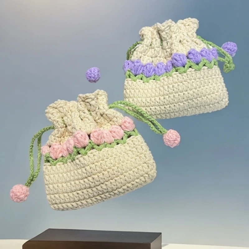 【成品】手工钩针编织郁金香花朵束口包加大耳机包毛线零钱包卡包
