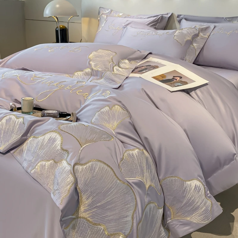 水星高端系列家纺轻奢风四件套全棉刺绣长绒棉2024新款被套纯棉床