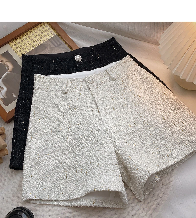 一粒扣高腰A字休闲裤女秋冬配靴子新款韩版小香风白色阔腿短裤