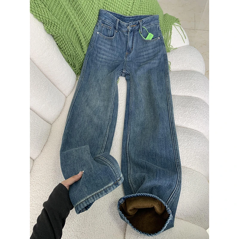 复古高腰加绒阔腿牛仔裤女2025冬季新款梨形身材小个子直筒拖地裤