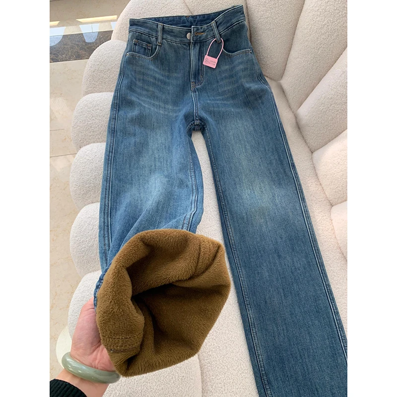 180超长复古加绒牛仔裤女秋冬宽松175高个子加长梨形身材直筒裤子