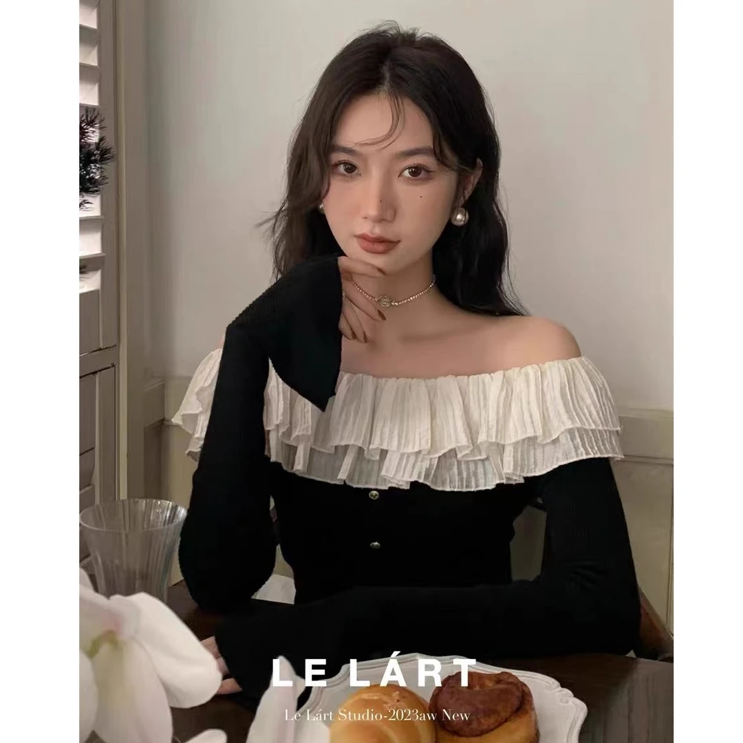 爆款纯欲名媛风法式荷叶边领一字肩显瘦小众气质洋气拼接针织上衣