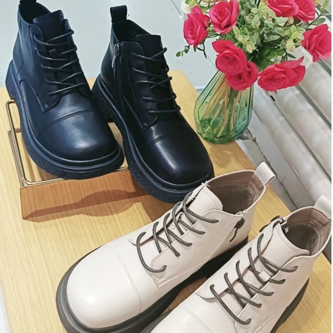 （新疆包邮）女鞋秋冬厚底真皮系带英伦风休闲时尚百搭圆头裸靴