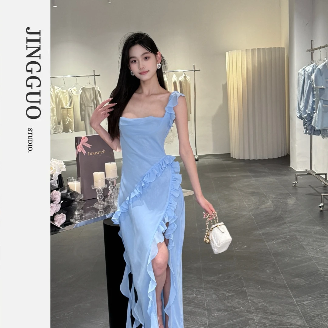 【JINGGUO轻奢】设计感法式小众吊带大裙摆复古港风连衣裙7101蓝色