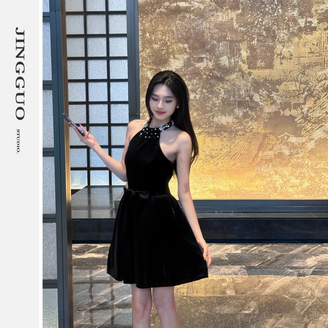 【JINGGUO轻奢】夏季小众气质性感显瘦短款小黑裙辣妹连衣裙7022