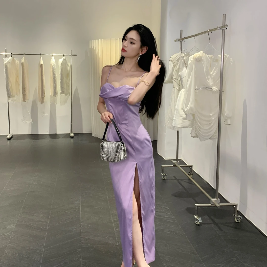 【JINGGUO轻奢】小众气质高级感缎面鱼骨礼服开衩吊带连衣裙7142