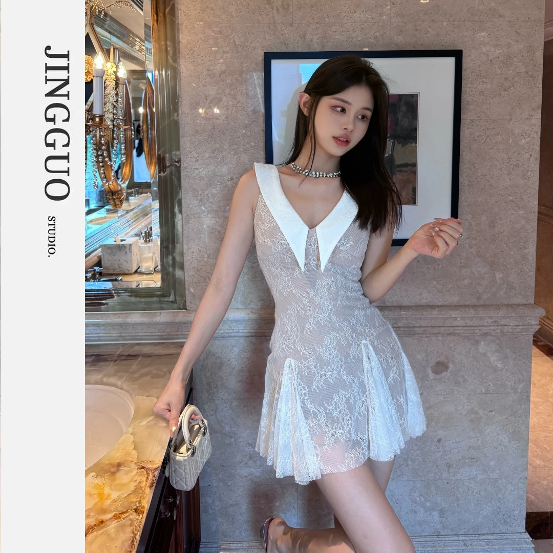 【JINGGUO轻奢】重工v尖领优雅公主显瘦性感短款蕾丝连衣裙7092