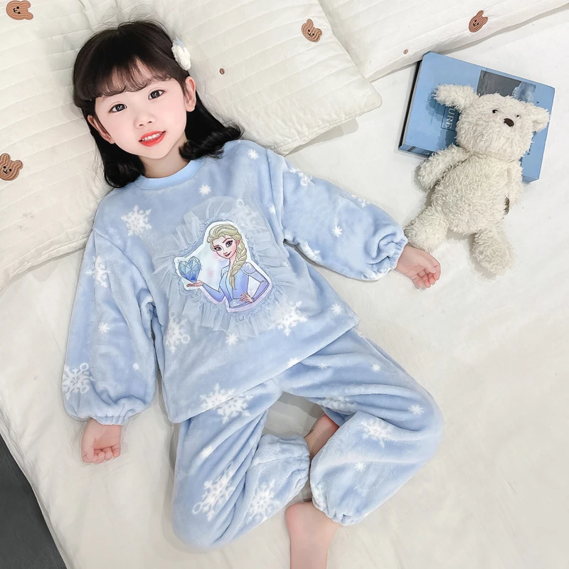 儿童秋冬女童套装艾莎公主法兰绒珊瑚睡衣宝宝家居服爱莎加厚保暖