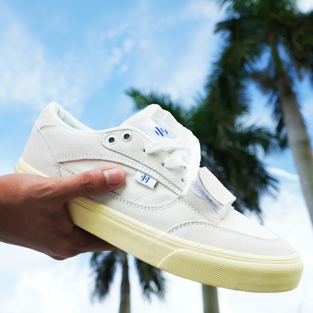 顽刻Ollieskate灰白帆布翻毛皮拼接复古魔术贴复古运动美式板鞋