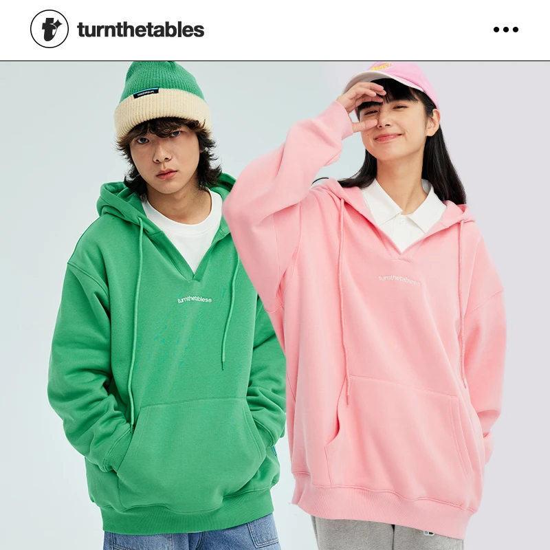 turnthetables摇粒绒底325克重连帽卫衣男女情侣宽松V领上衣