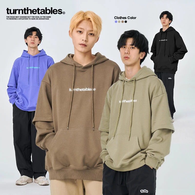 Turnthetables情侣325克重假两件重磅纯色假两件连帽卫衣上衣百搭